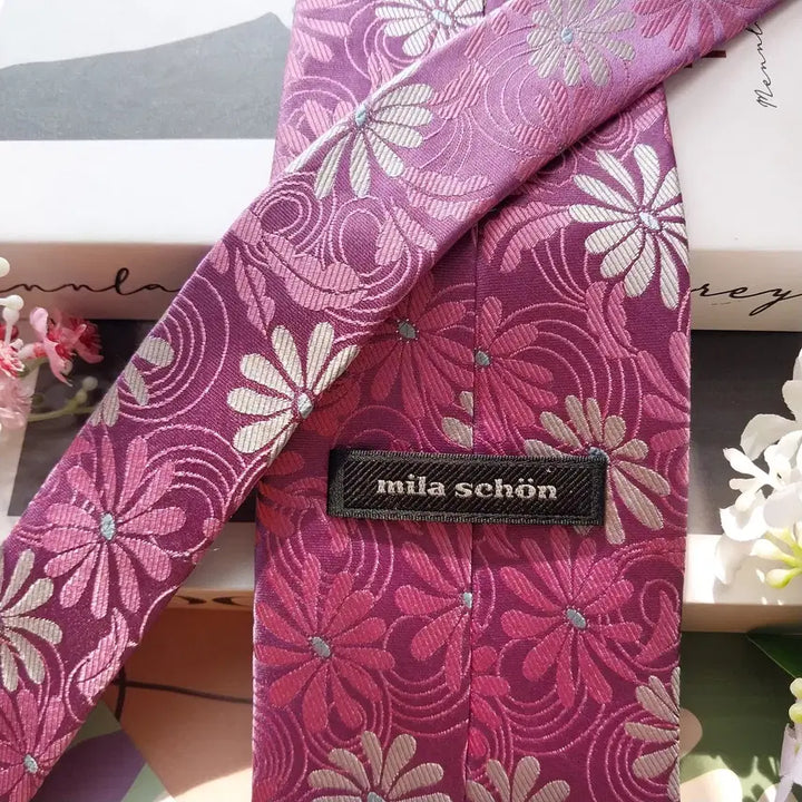 [BUNJANG] Mila Schon Silk Floral Embroidered Tie / 밀라숀 실크 핑크 플라워 자수 패턴 넥타이 9.9cm A+등급 K2362