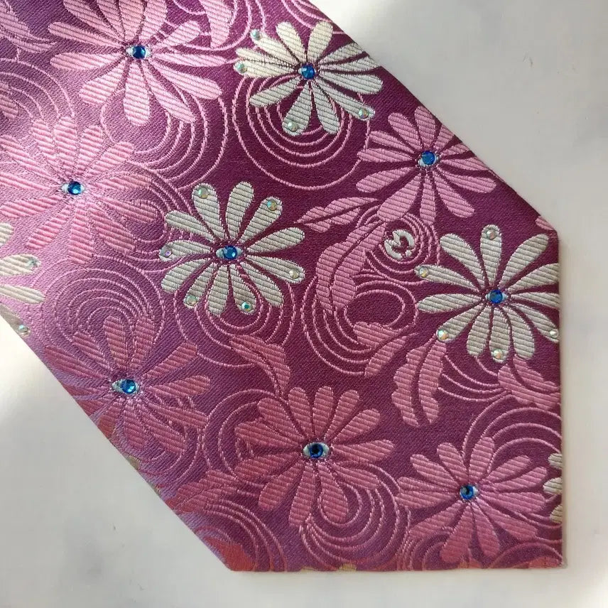 [BUNJANG] Mila Schon Silk Floral Embroidered Tie / 밀라숀 실크 핑크 플라워 자수 패턴 넥타이 9.9cm A+등급 K2362