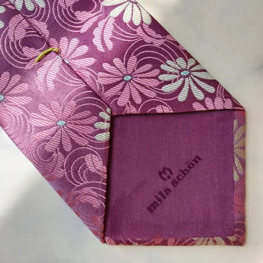 [BUNJANG] Mila Schon Silk Floral Embroidered Tie / 밀라숀 실크 핑크 플라워 자수 패턴 넥타이 9.9cm A+등급 K2362