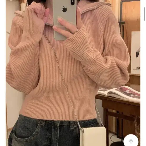 [BUNJANG] Mini Faux Kelly Half-Zip Pink Top / 미니포에 켈리 반집업 핑크