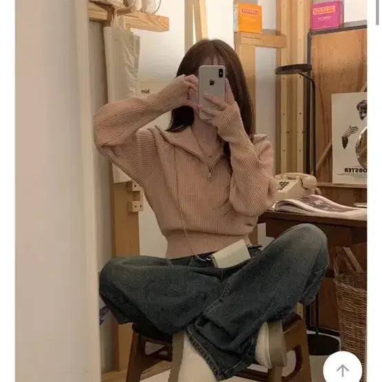 [BUNJANG] Mini Faux Kelly Half-Zip Pink Top / 미니포에 켈리 반집업 핑크
