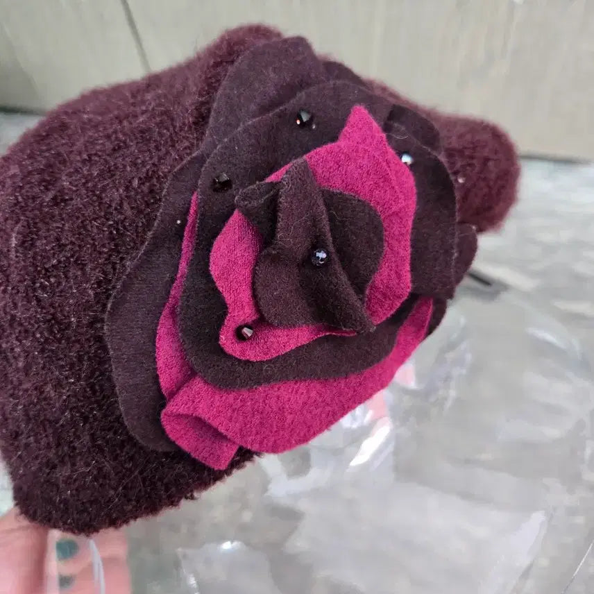 [BUNJANG] Metro City Flower Burgundy Beret / 메트로시티 플라워 장식 버건디 베레모 새상품