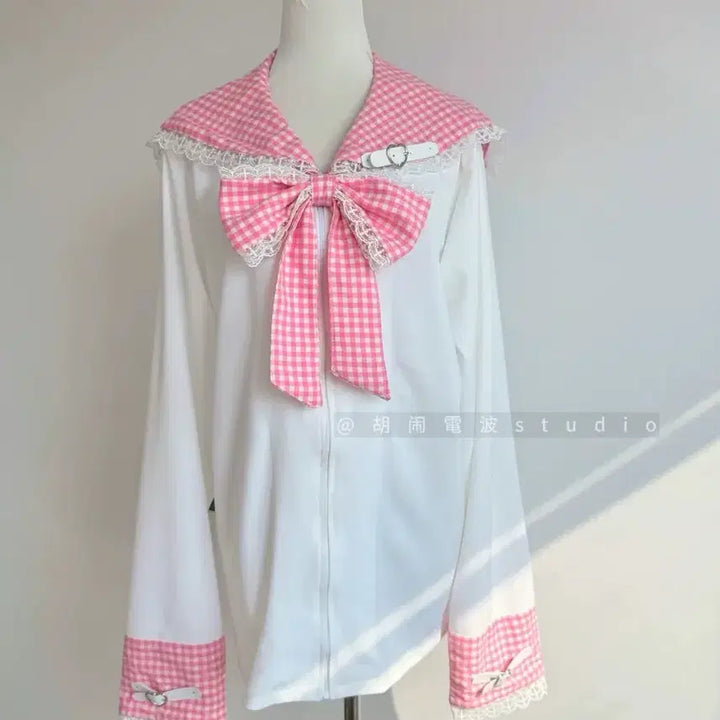 [BUNJANG] Blue Check Sailor Collar Lace Point Zip-up Hoodie / 지뢰계 양지뢰 블루 체크 세일러 칼라 레이스 포인트 집업 후드티(9컬러)