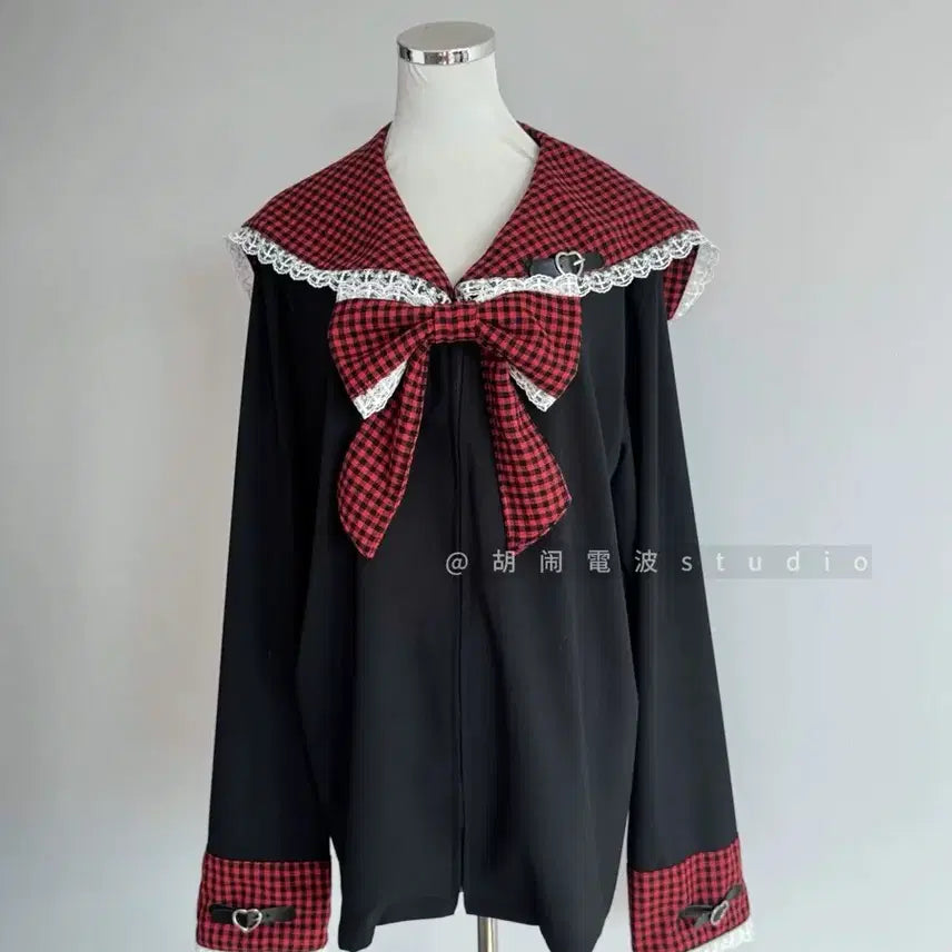 [BUNJANG] Blue Check Sailor Collar Lace Point Zip-up Hoodie / 지뢰계 양지뢰 블루 체크 세일러 칼라 레이스 포인트 집업 후드티(9컬러)