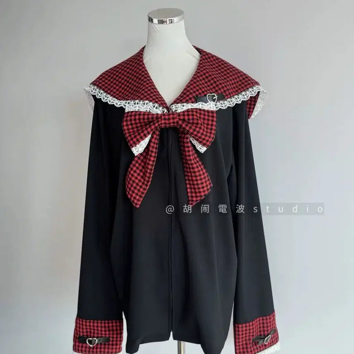 [BUNJANG] Blue Check Sailor Collar Lace Point Zip-up Hoodie / 지뢰계 양지뢰 블루 체크 세일러 칼라 레이스 포인트 집업 후드티(9컬러)