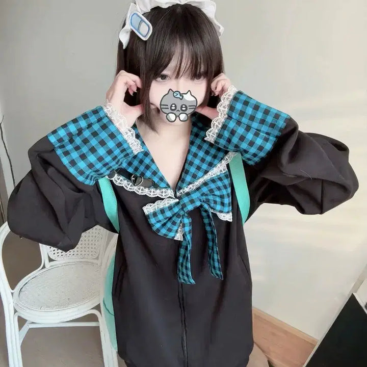 [BUNJANG] Blue Check Sailor Collar Lace Point Zip-up Hoodie / 지뢰계 양지뢰 블루 체크 세일러 칼라 레이스 포인트 집업 후드티(9컬러)