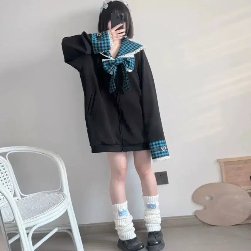 [BUNJANG] Blue Check Sailor Collar Lace Point Zip-up Hoodie / 지뢰계 양지뢰 블루 체크 세일러 칼라 레이스 포인트 집업 후드티(9컬러)