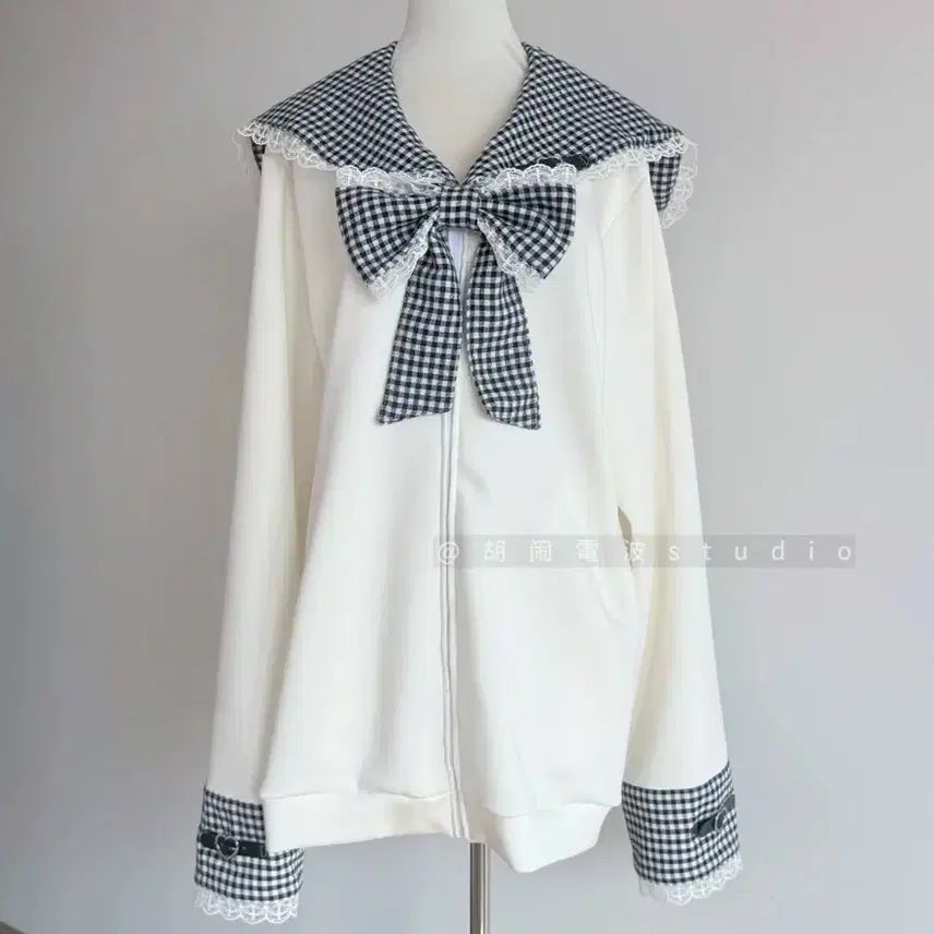 [BUNJANG] Blue Check Sailor Collar Lace Point Zip-up Hoodie / 지뢰계 양지뢰 블루 체크 세일러 칼라 레이스 포인트 집업 후드티(9컬러)