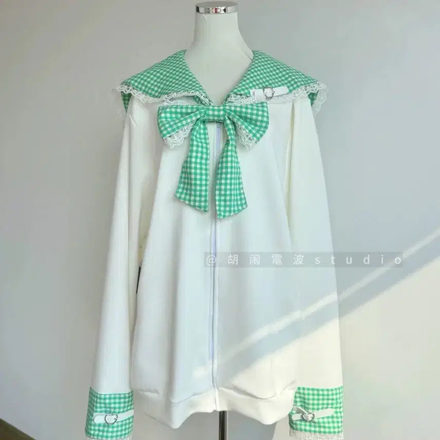 [BUNJANG] Blue Check Sailor Collar Lace Point Zip-up Hoodie / 지뢰계 양지뢰 블루 체크 세일러 칼라 레이스 포인트 집업 후드티(9컬러)