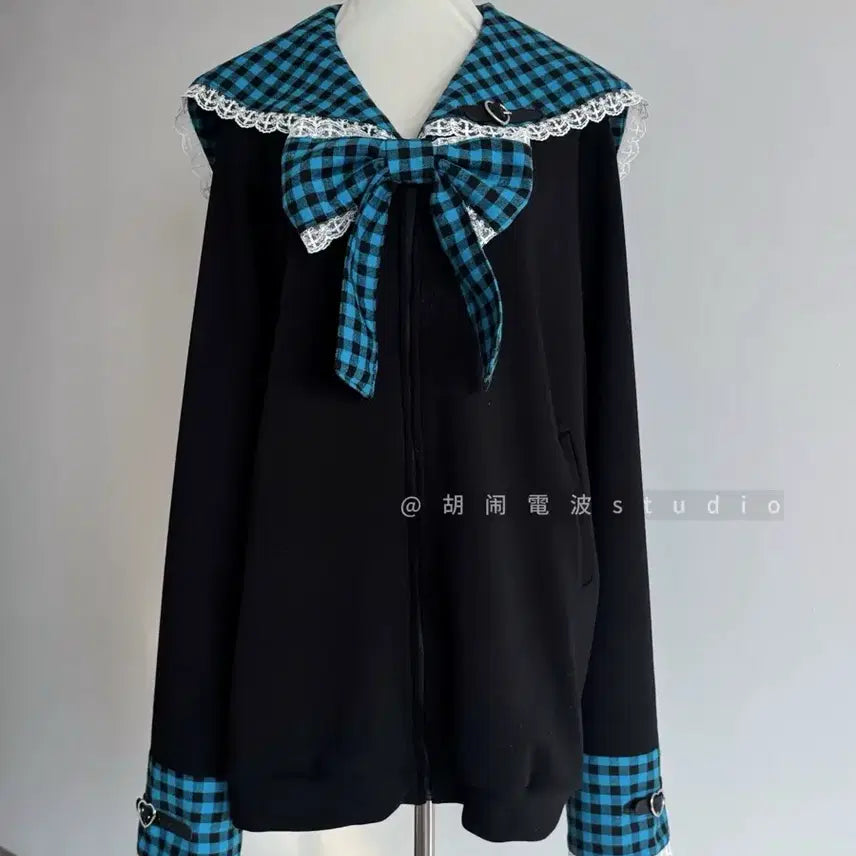 [BUNJANG] Blue Check Sailor Collar Lace Point Zip-up Hoodie / 지뢰계 양지뢰 블루 체크 세일러 칼라 레이스 포인트 집업 후드티(9컬러)
