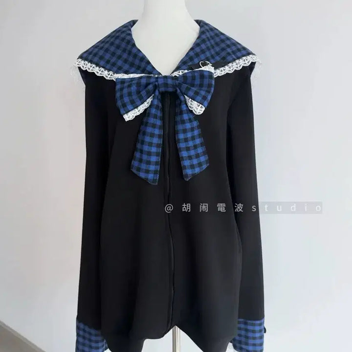 [BUNJANG] Blue Check Sailor Collar Lace Point Zip-up Hoodie / 지뢰계 양지뢰 블루 체크 세일러 칼라 레이스 포인트 집업 후드티(9컬러)