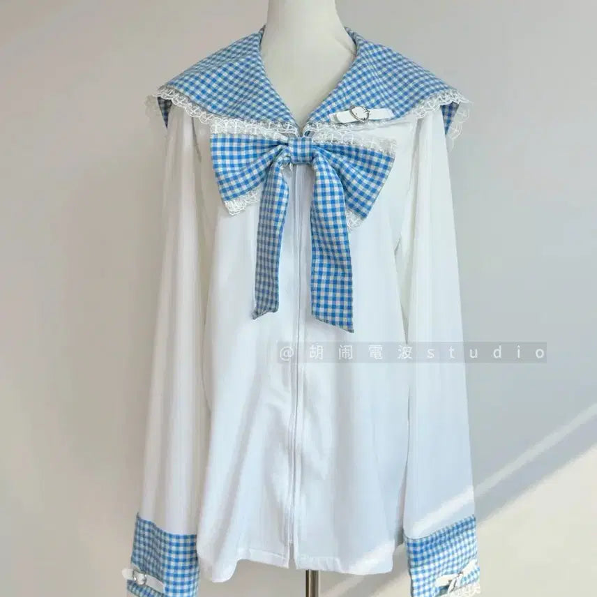 [BUNJANG] Blue Check Sailor Collar Lace Point Zip-up Hoodie / 지뢰계 양지뢰 블루 체크 세일러 칼라 레이스 포인트 집업 후드티(9컬러)