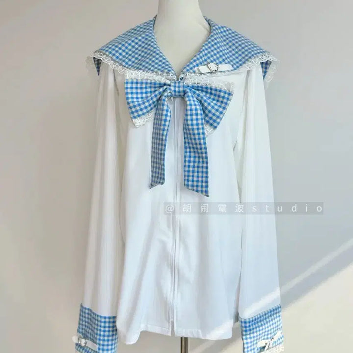 [BUNJANG] Blue Check Sailor Collar Lace Point Zip-up Hoodie / 지뢰계 양지뢰 블루 체크 세일러 칼라 레이스 포인트 집업 후드티(9컬러)