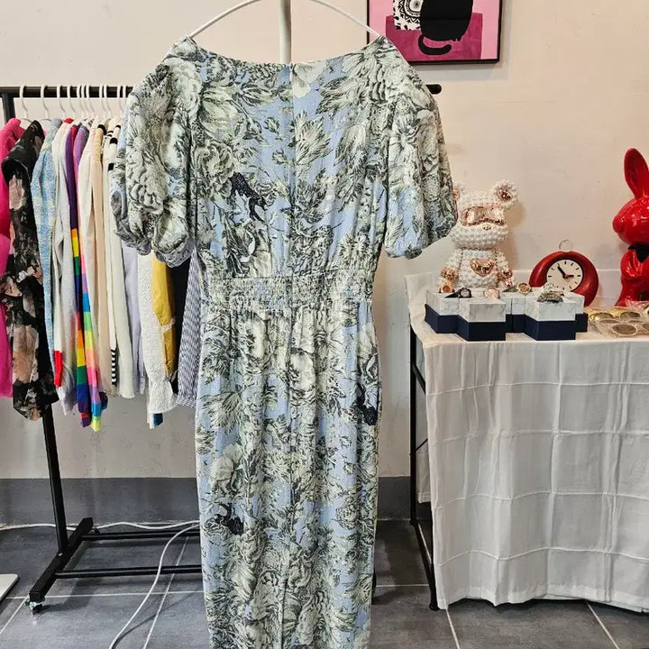 [BUNJANG] Floral Pattern Long Dress with Puff Sleeves / 플라워 패턴 롱 원피스 퍼프소매