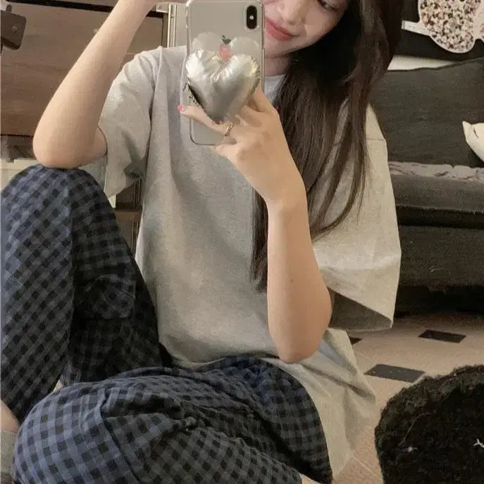 [BUNJANG] Basic Check Pajama Set / 베이직체크 파자마 데일리 여성 홈웨어 세트 잠옷
