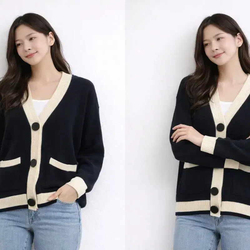 [SOLD OUT] 배색 브이넥 가디건 네이비