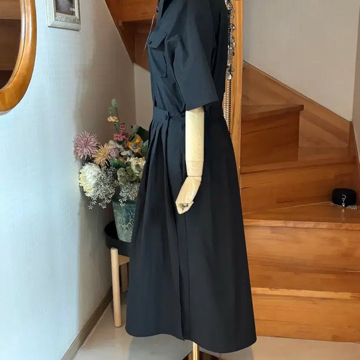 [BUNJANG] Black Pleated Long Dress / 블랙 카라넥 반팔 플리츠 롱 원피스
