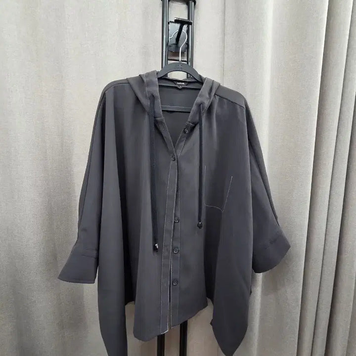 [BUNJANG] Charcoal Hooded Cape Shirt Blouse / 차콜색 후드 망토셔츠