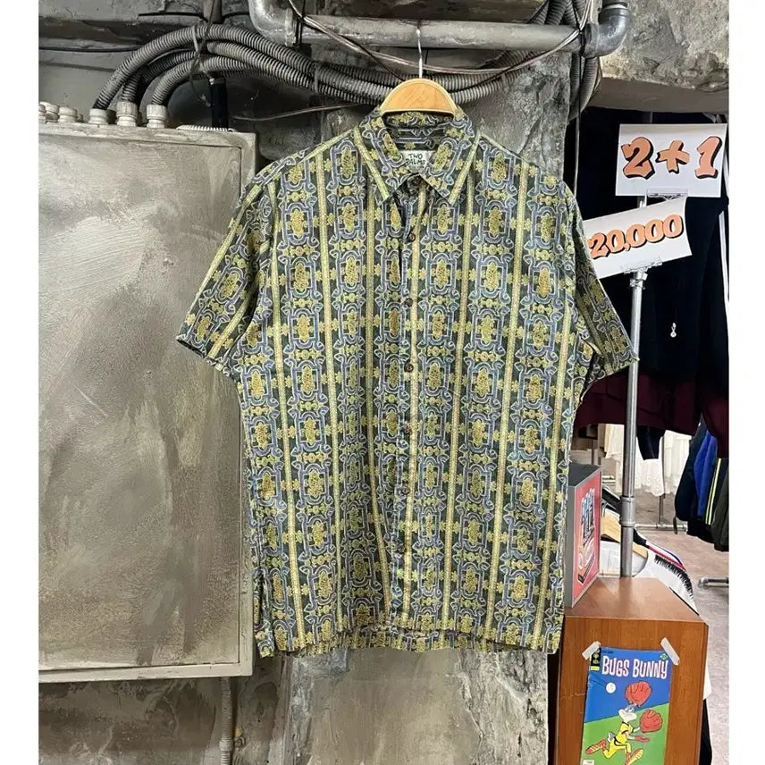 [BUNJANG] Vintage Pattern Short Sleeve Shirt Green S / 빈티지 패턴 반팔 셔츠 그린 S 