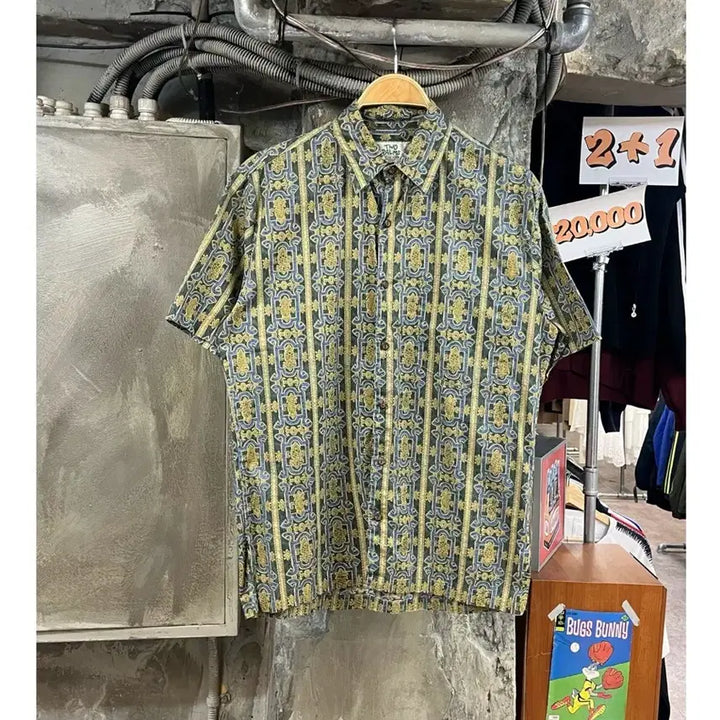 [BUNJANG] Vintage Pattern Short Sleeve Shirt Green S / 빈티지 패턴 반팔 셔츠 그린 S 