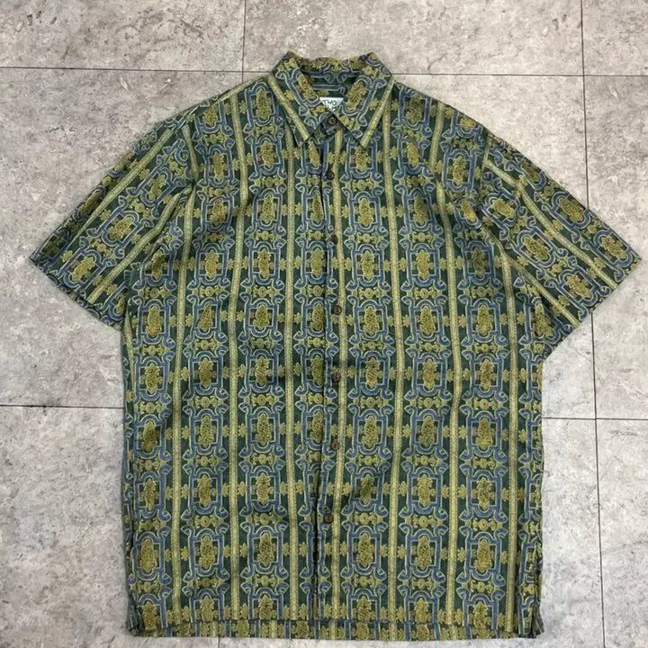 [BUNJANG] Vintage Pattern Short Sleeve Shirt Green S / 빈티지 패턴 반팔 셔츠 그린 S 