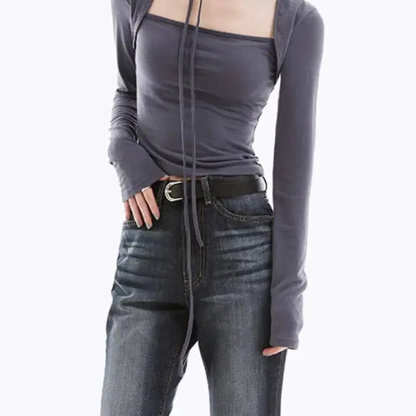 [BUNJANG] Zigzag Navi Square Bolero Long Sleeve T-Shirt / (새상품)지그재그 네비 스퀘어 볼레로 긴팔티 티셔츠