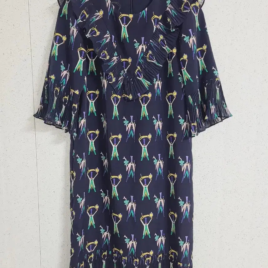 [BUNJANG] BESTI BELLI Pattern Pleated Short Sleeve Dress Navy / 베스띠벨리 패턴 플리츠 반팔 원피스 네이비
