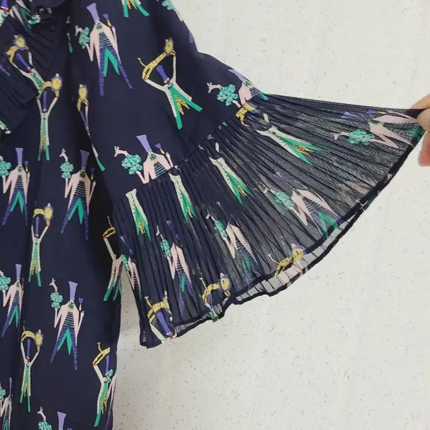 [BUNJANG] BESTI BELLI Pattern Pleated Short Sleeve Dress Navy / 베스띠벨리 패턴 플리츠 반팔 원피스 네이비