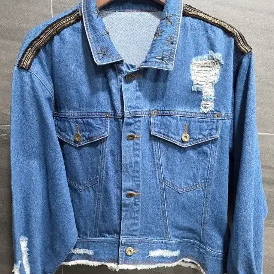 [BUNJANG] Embellished Denim Jacket / 아주 예쁜  청자켓,  비즈장식카라 스팽글  데미지 청자켓 , 거의