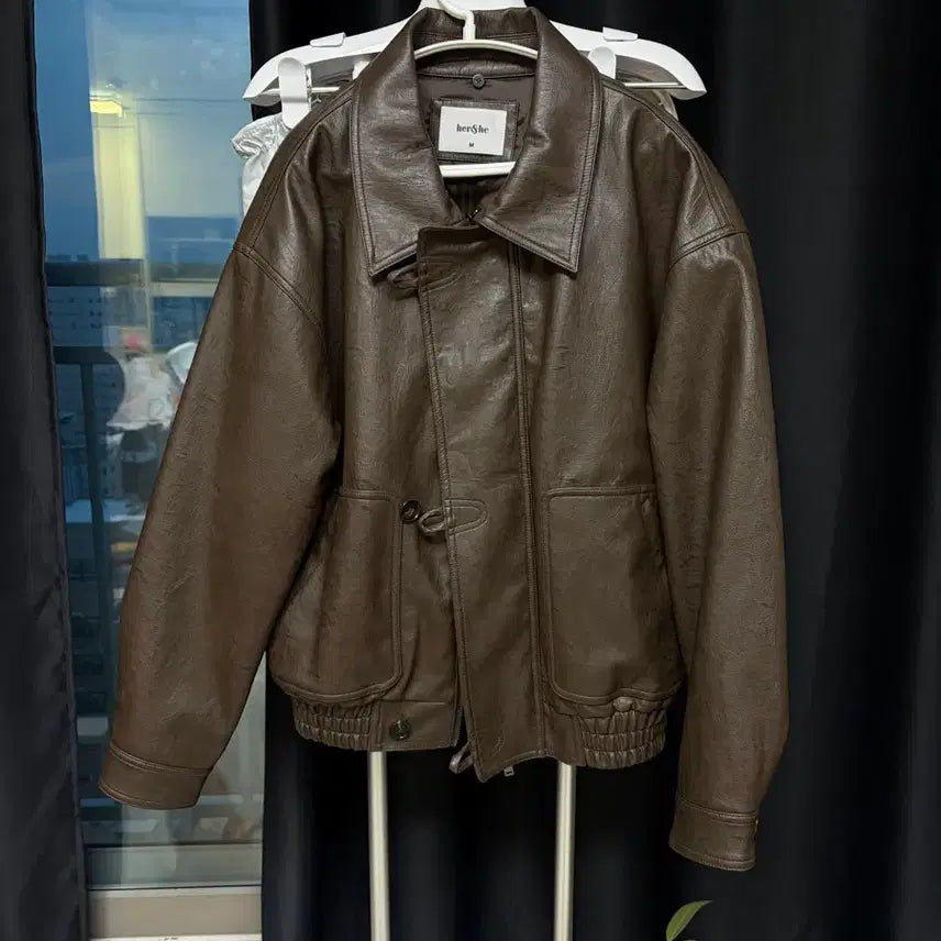 [BUNJANG] Hershe Leather Jacket (Black/Brown) / 허앤쉬(hershe) 가죽자켓 남여공용가능(블랙/브라운)
