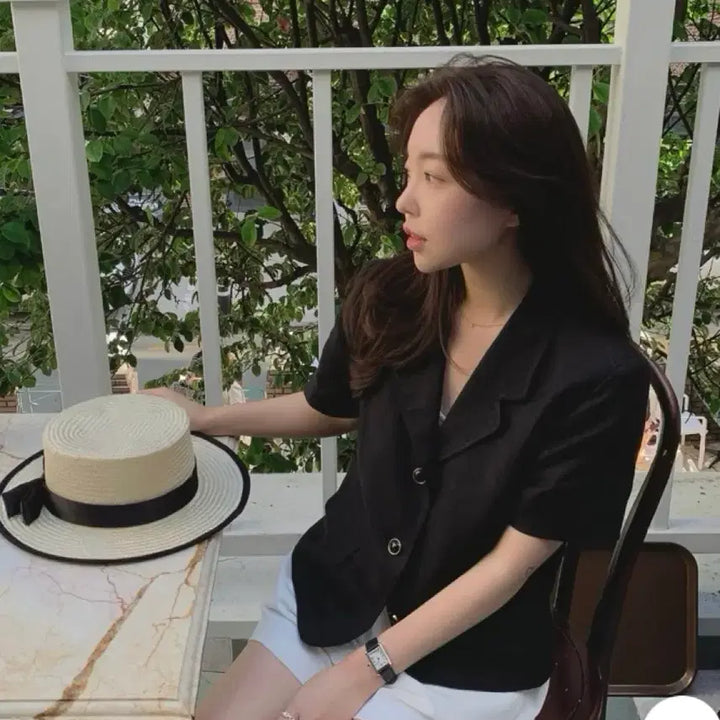[BUNJANG] Ouris Diana Linen Jacket - Black / 아워리스 베지터블 다이애나 린넨 반팔 자켓 / 블랙 뮤렛메리엔