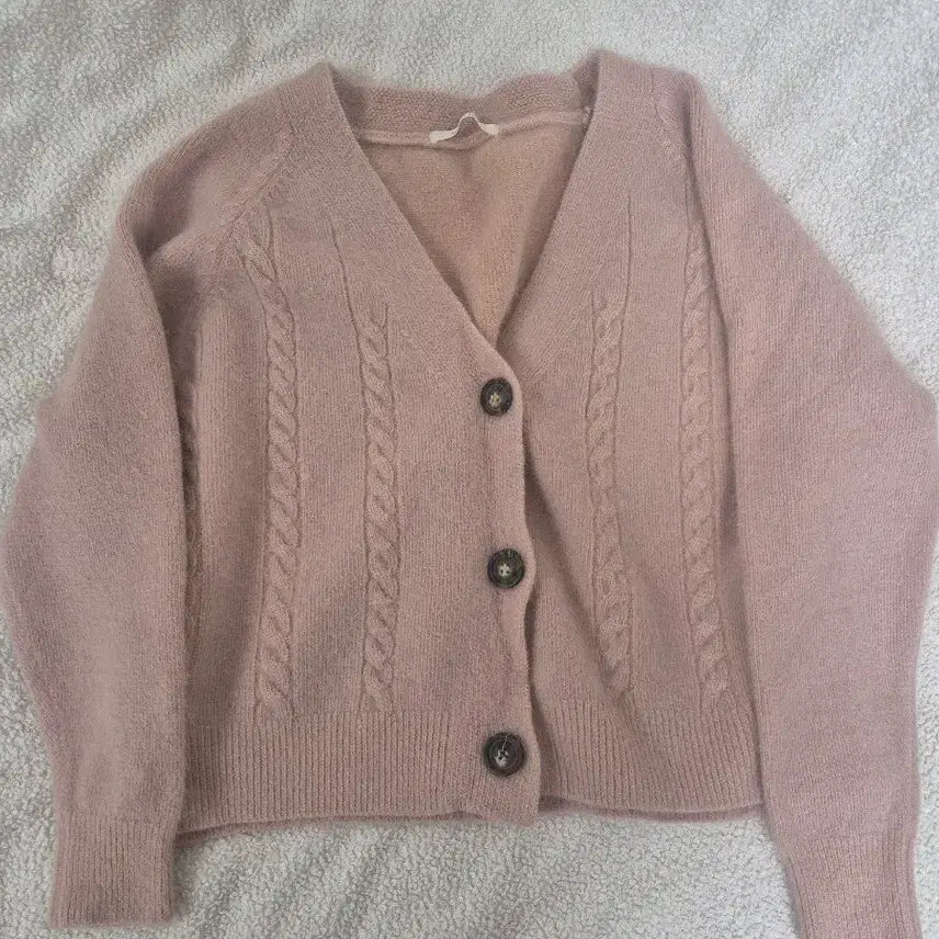 [BUNJANG] Pink Angora Cable Knit Cardigan / 톤다운 핑크 앙고라 가디건