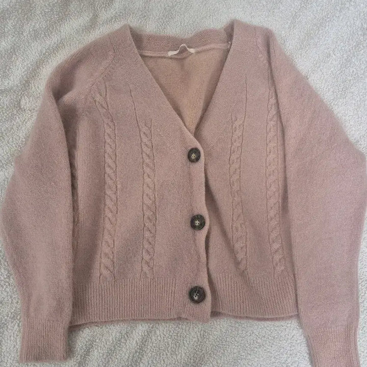 [BUNJANG] Pink Angora Cable Knit Cardigan / 톤다운 핑크 앙고라 가디건