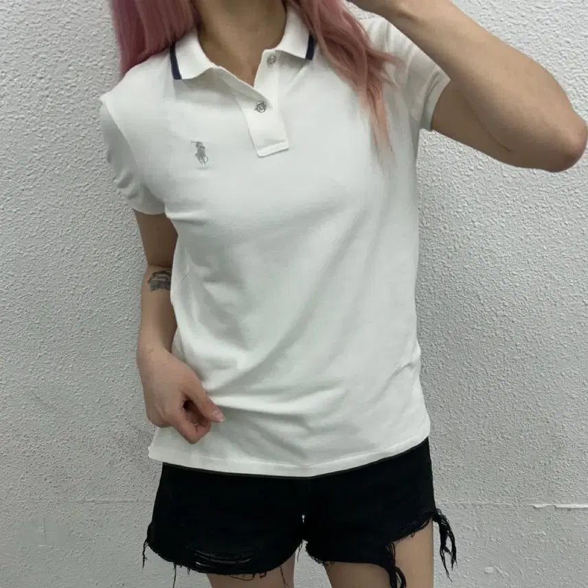 [BUNJANG] Polo Ralph Lauren Silver Pony Navy White Collar Short Sleeve Shirt / 폴로 랄프로렌 실버포니 네이비배색 화이트 카라 반팔 S