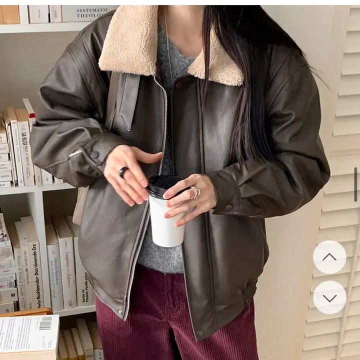 [BUNJANG] 98℃ Nia Furred Leather High-Neck Mustang Jacket / 98도씨 제작 니아 퍼드 레더 하이넥 무스탕 / 브라운 블루종 자켓