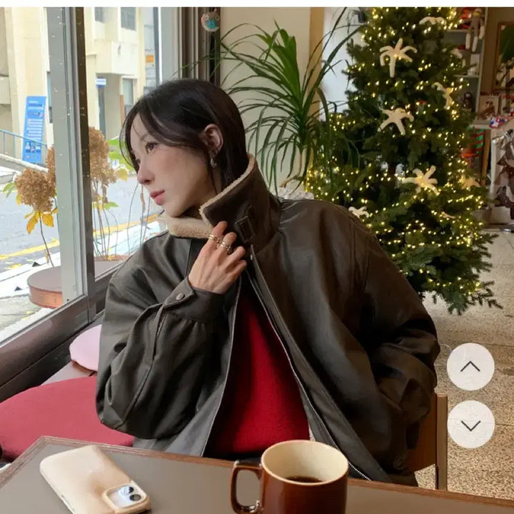 [BUNJANG] 98℃ Nia Furred Leather High-Neck Mustang Jacket / 98도씨 제작 니아 퍼드 레더 하이넥 무스탕 / 브라운 블루종 자켓