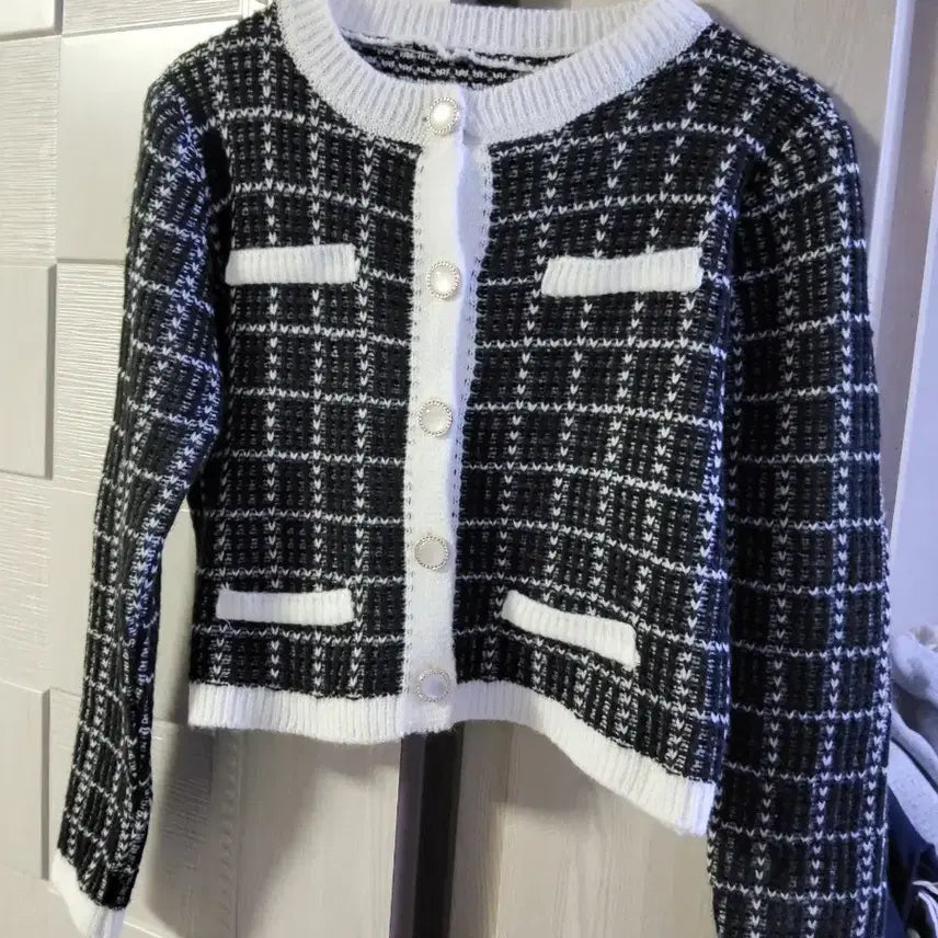 [BUNJANG] Tweed Knit Cardigan / 체크 트위드 니트 가디건 미착용