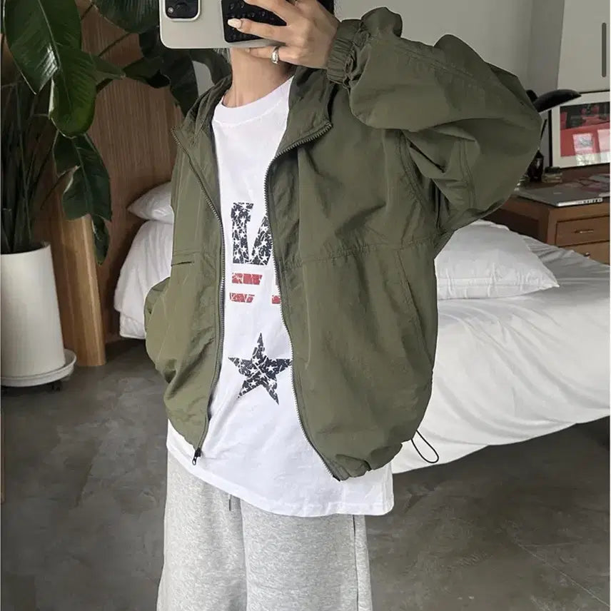 [BUNJANG] NTC 2Way Oversized Hooded Windbreaker Khaki / 엔티비씨 2Way 오버핏 후드 바람막이 카키