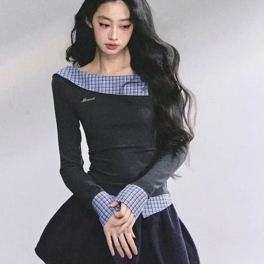 [BUNJANG] Check Pattern Off-Shoulder Two-Piece Set / 체크패턴 투피스 오프숄더