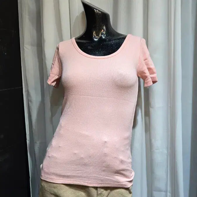 [BUNJANG] Pink Ribbed Short Sleeve T-shirt / 핑크 골지 반팔