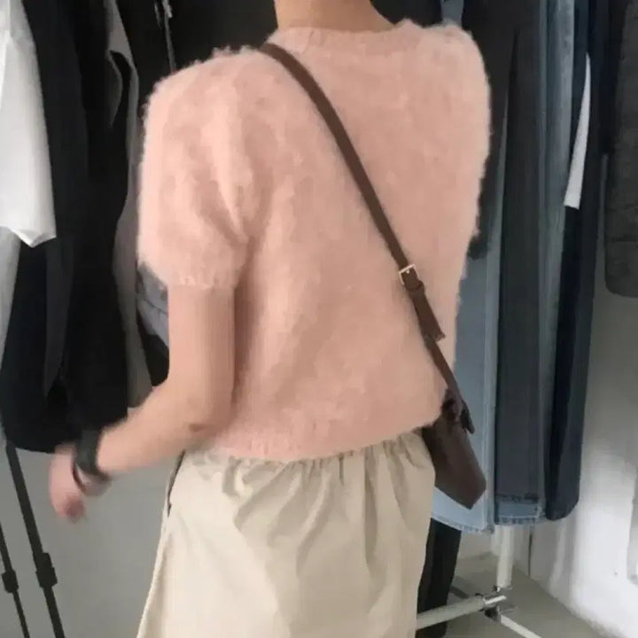 [BUNJANG] Angora Puff Sleeve Knit Top / 앙고라 퍼프 반팔 니트 핑크