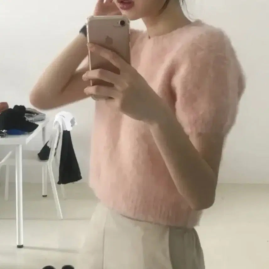 [BUNJANG] Angora Puff Sleeve Knit Top / 앙고라 퍼프 반팔 니트 핑크