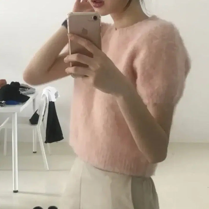 [BUNJANG] Angora Puff Sleeve Knit Top / 앙고라 퍼프 반팔 니트 핑크