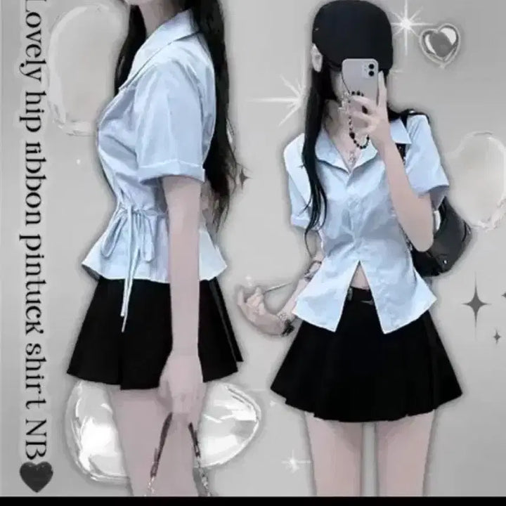 [BUNJANG] Sky Blue Ribbon Pintuck Blouse / 소라 리본 핀턱 블라우스