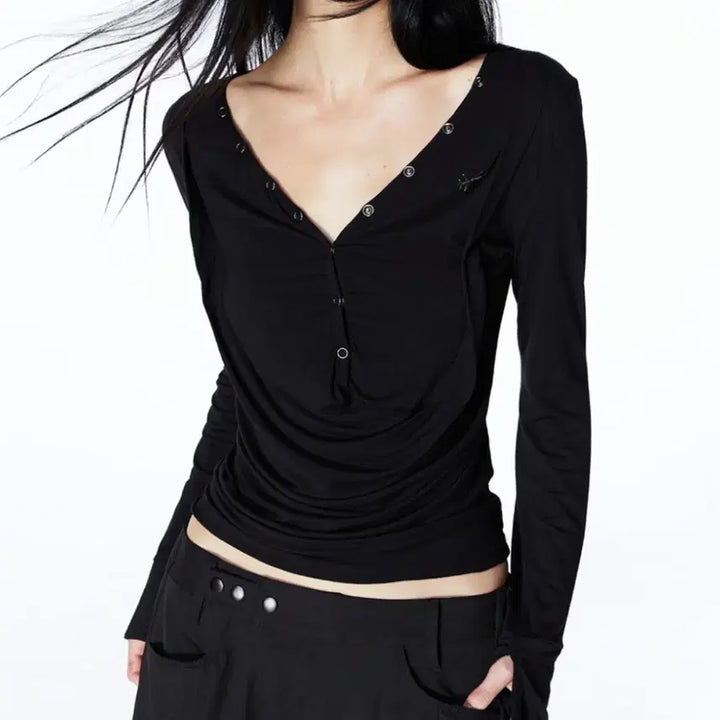 [SOLD OUT] 2000아카이브스 DRAPED HENLEY TOP (BLACK)