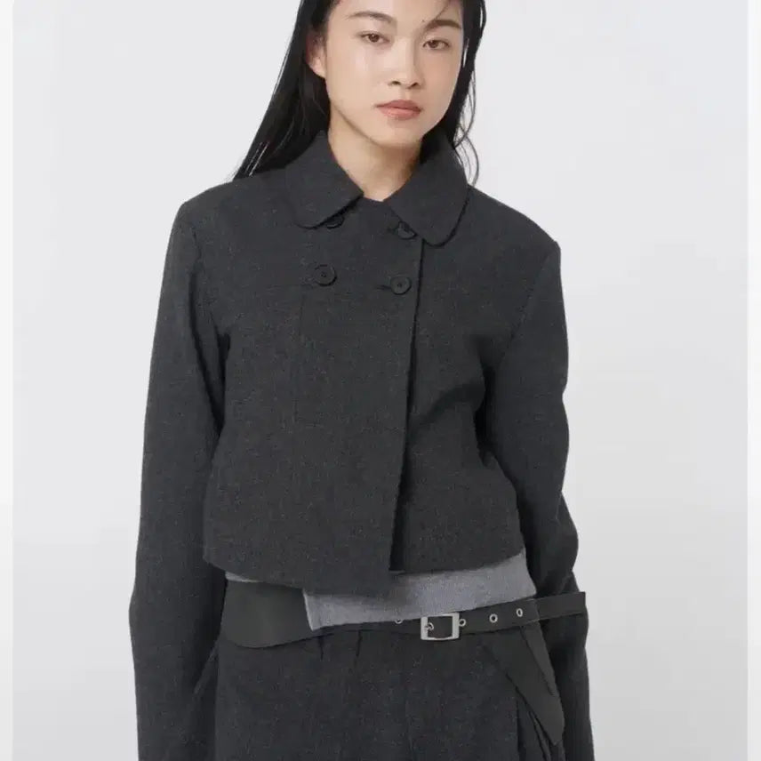 [BUNJANG] Misekei Seoul Wabi Round Collar Double Jacket Charcoal / 미세키서울 와비 라운드 칼라 더블 자켓 차콜