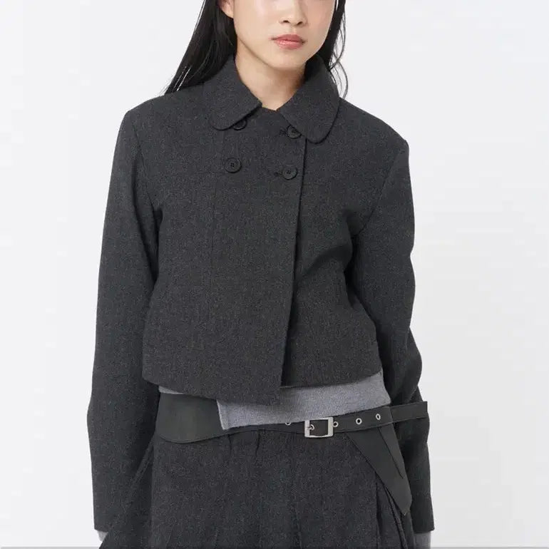 [BUNJANG] Misekei Seoul Wabi Round Collar Double Jacket Charcoal / 미세키서울 와비 라운드 칼라 더블 자켓 차콜