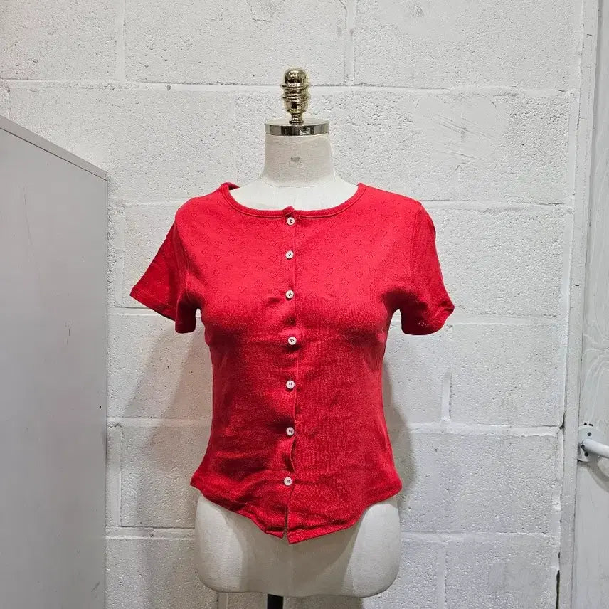 [BUNJANG] Heart Punching Cardigan Short Sleeve - Red / 하트 펀칭 가디건 반팔- 빨강