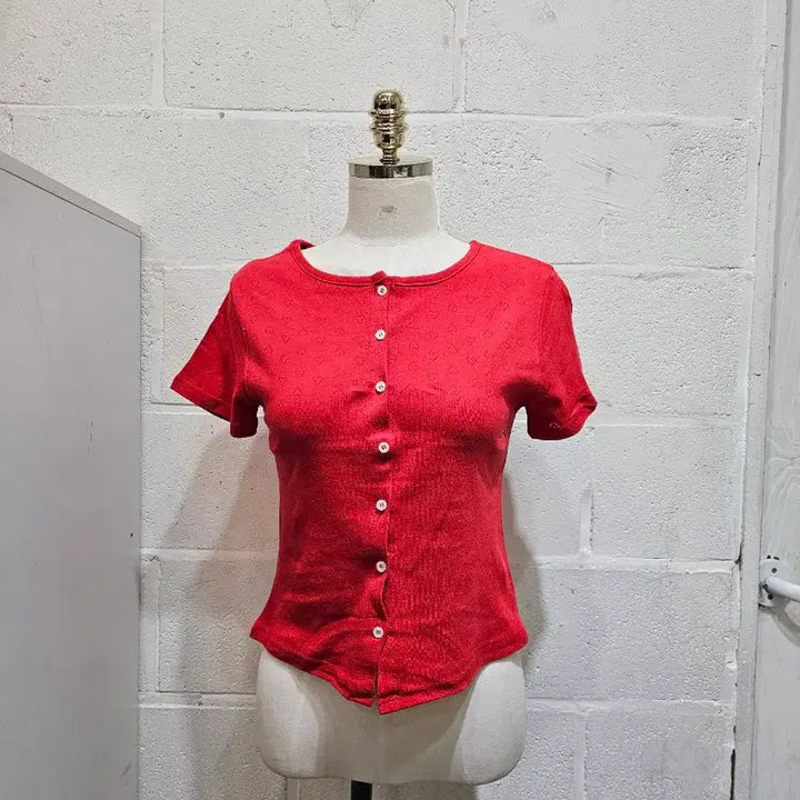 [BUNJANG] Heart Punching Cardigan Short Sleeve - Red / 하트 펀칭 가디건 반팔- 빨강
