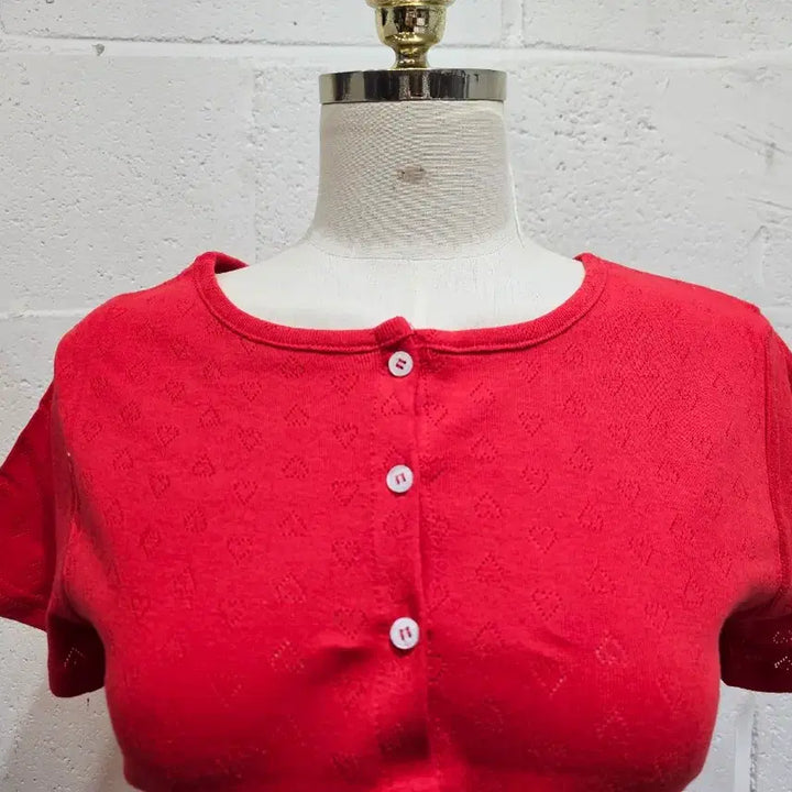[BUNJANG] Heart Punching Cardigan Short Sleeve - Red / 하트 펀칭 가디건 반팔- 빨강